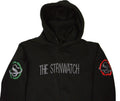 Black hoodie with 'THE STRINWATCH' text and logos on sleeves against a white background