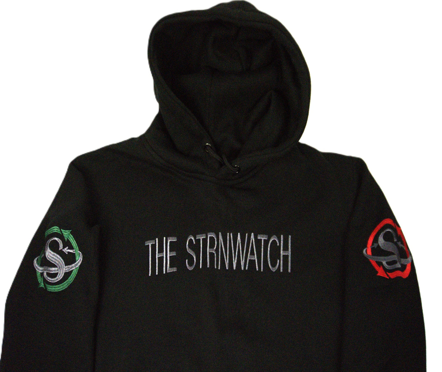 Black hoodie with 'THE STRINWATCH' text and logos on sleeves against a white background